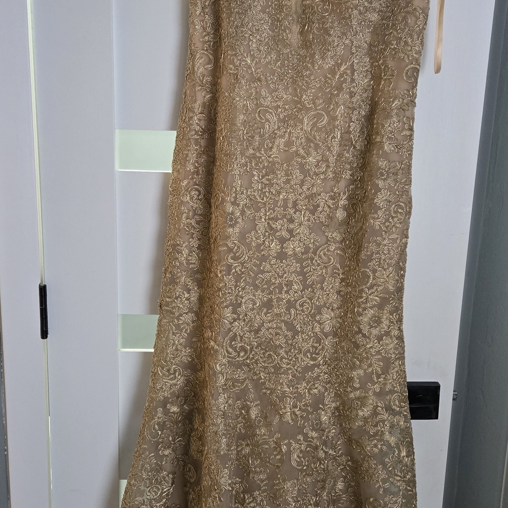 Gold Lace Maxi Evening Dress - Elegant V-Neck - Picture 8 of 12